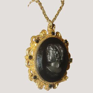 Victorian Style Cameo Pendant Necklace Gold Tone  Black Onyx  Chain